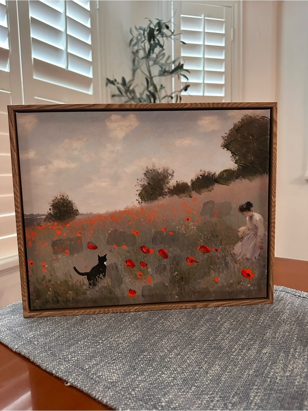 15x12” Poppie fields with a cat” a whimsical interpretation of Claude Monet